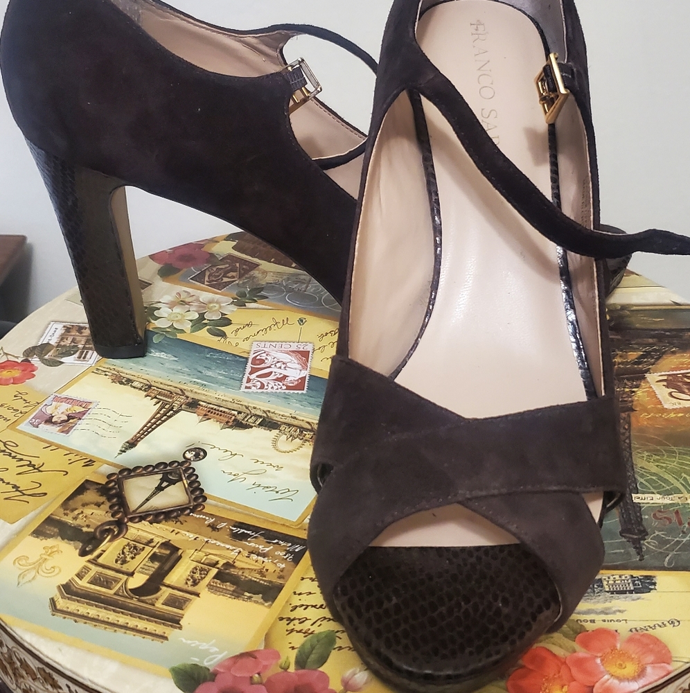 Franco Sarto brown swede snakeskin peep toe heels sz 9.5